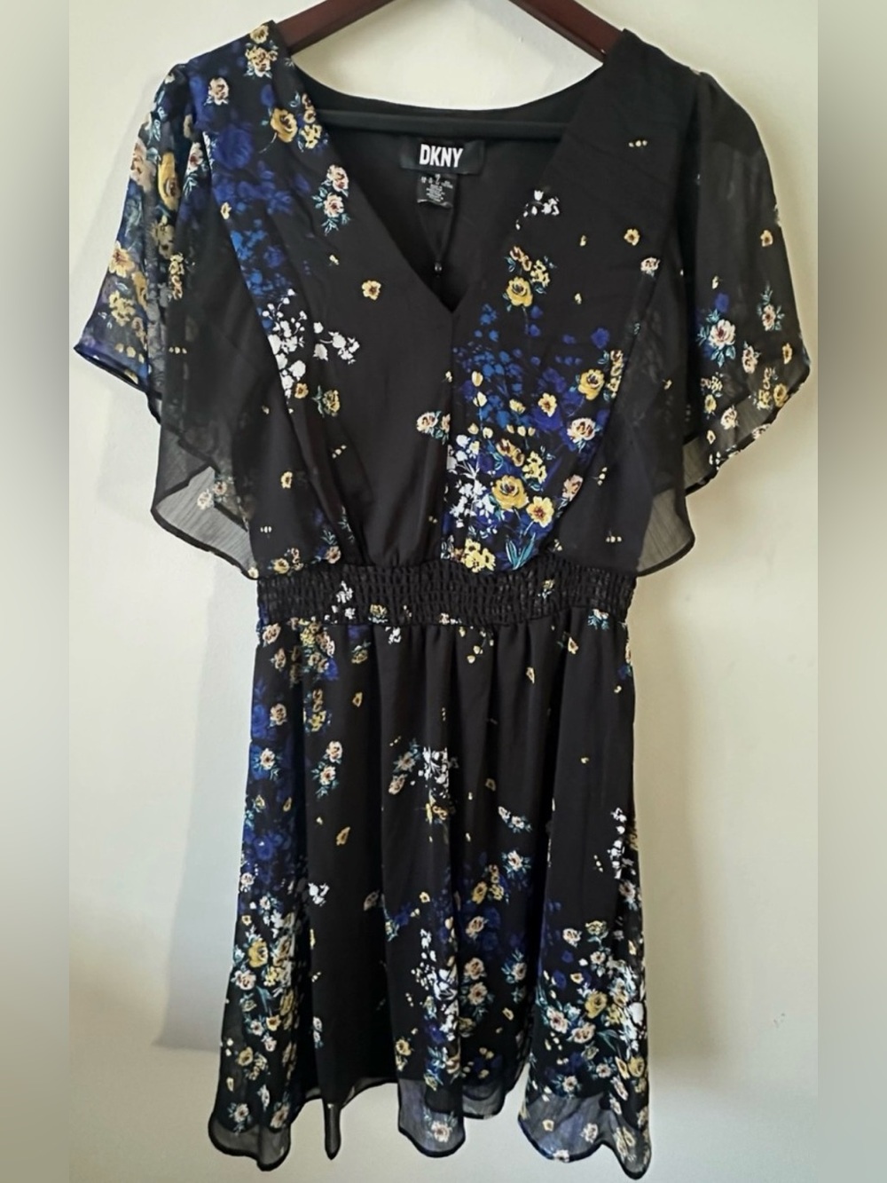NWT DKNY size 12 black blue yellow floral dress